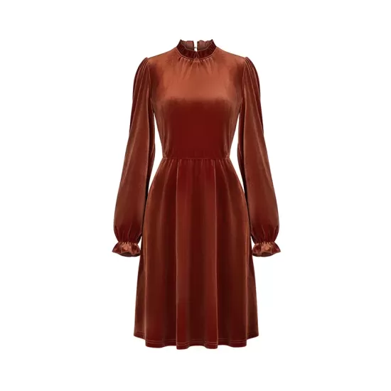 Hollow Ruffled Solid Color Velvet A-Line High Waisted Mock Neck Mini Dresses Hollow Ruffled Solid Color Velvet A-Line High Waisted Mock Neck Mini Dresses