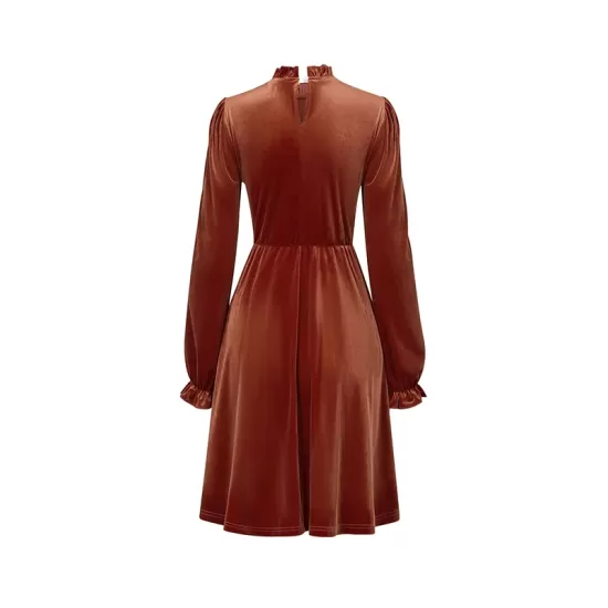 Hollow Ruffled Solid Color Velvet A-Line High Waisted Mock Neck Mini Dresses Hollow Ruffled Solid Color Velvet A-Line High Waisted Mock Neck Mini Dresses