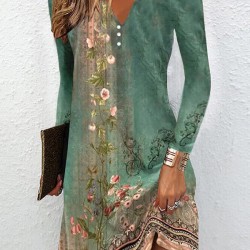 Floral Printed Long Sleeves Loose V-Neck Mini Dresses