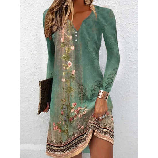 Floral Printed Long Sleeves Loose V-Neck Mini Dresses Floral Printed Long Sleeves Loose V-Neck Mini Dresses