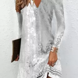 Floral Printed Long Sleeves Loose V-Neck Mini Dresses