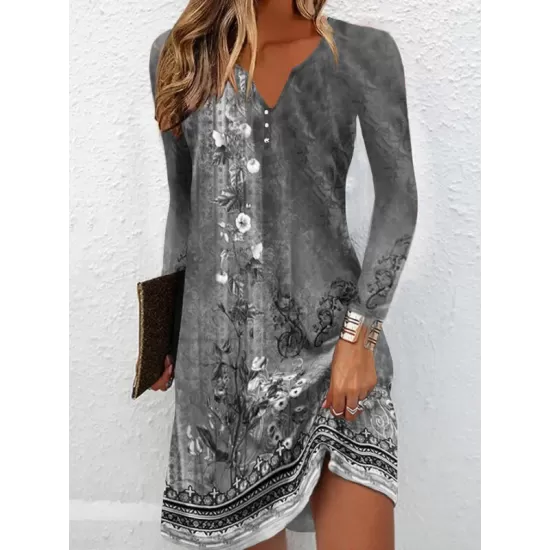 Floral Printed Long Sleeves Loose V-Neck Mini Dresses Floral Printed Long Sleeves Loose V-Neck Mini Dresses