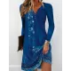 Floral Printed Long Sleeves Loose V-Neck Mini Dresses Floral Printed Long Sleeves Loose V-Neck Mini Dresses
