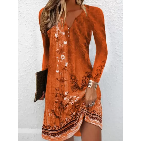 Floral Printed Long Sleeves Loose V-Neck Mini Dresses Floral Printed Long Sleeves Loose V-Neck Mini Dresses