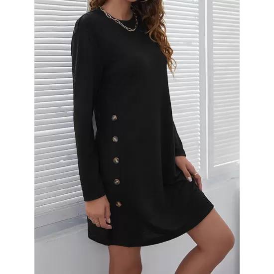 Asymmetric Buttoned Long Sleeves Loose Round-Neck Mini Dresses Asymmetric Buttoned Long Sleeves Loose Round-Neck Mini Dresses
