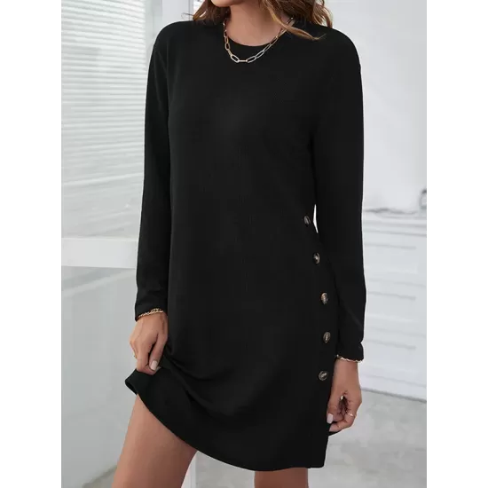 Asymmetric Buttoned Long Sleeves Loose Round-Neck Mini Dresses Asymmetric Buttoned Long Sleeves Loose Round-Neck Mini Dresses