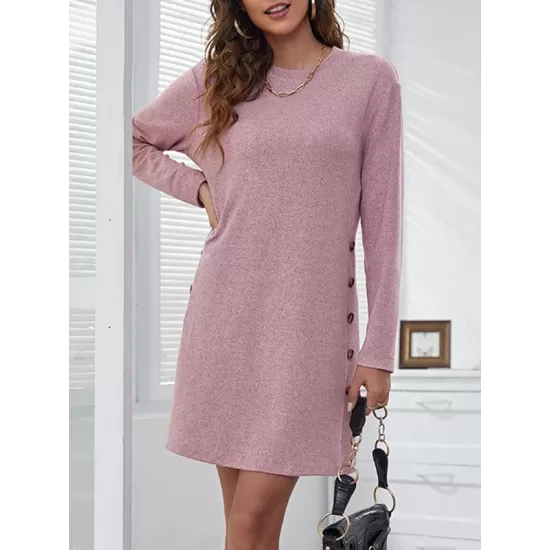 Asymmetric Buttoned Long Sleeves Loose Round-Neck Mini Dresses Asymmetric Buttoned Long Sleeves Loose Round-Neck Mini Dresses