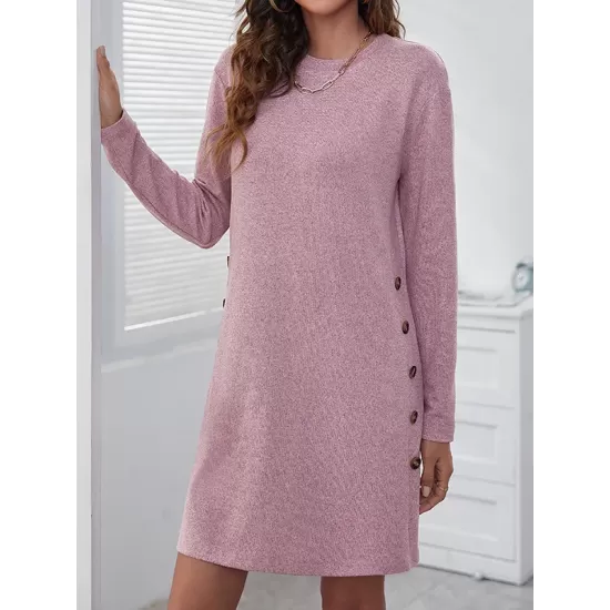 Asymmetric Buttoned Long Sleeves Loose Round-Neck Mini Dresses Asymmetric Buttoned Long Sleeves Loose Round-Neck Mini Dresses
