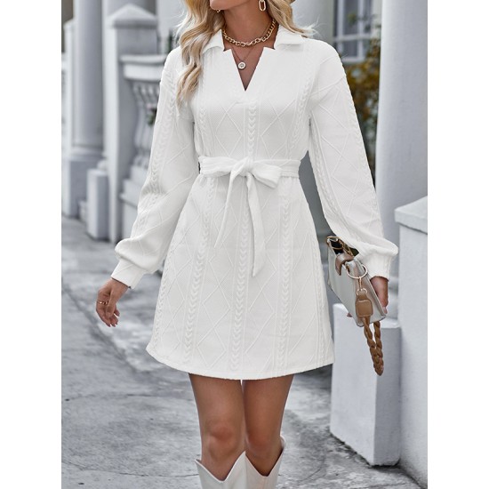 Jacquard Solid Color Tied Waist Long Sleeves V-neck Mini Dresses Jacquard Solid Color Tied Waist Long Sleeves V-neck Mini Dresses