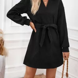 Jacquard Solid Color Tied Waist Long Sleeves V-neck Mini Dresses