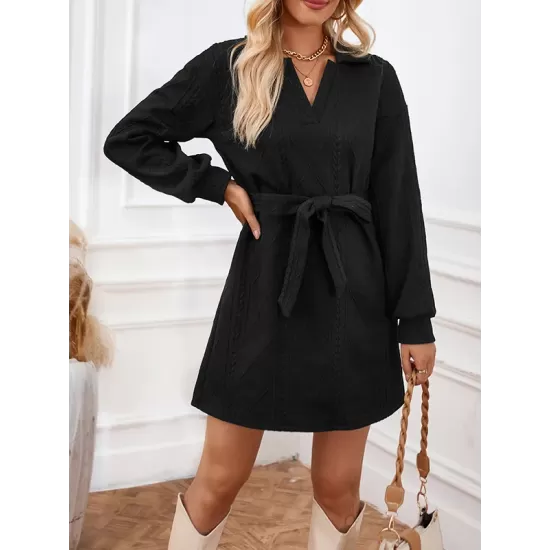 Jacquard Solid Color Tied Waist Long Sleeves V-neck Mini Dresses Jacquard Solid Color Tied Waist Long Sleeves V-neck Mini Dresses