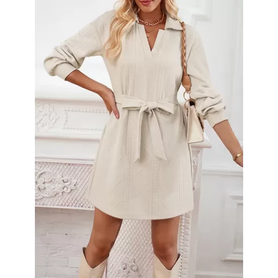 Jacquard Solid Color Tied Waist Long Sleeves V-neck Mini Dresses Jacquard Solid Color Tied Waist Long Sleeves V-neck Mini Dresses