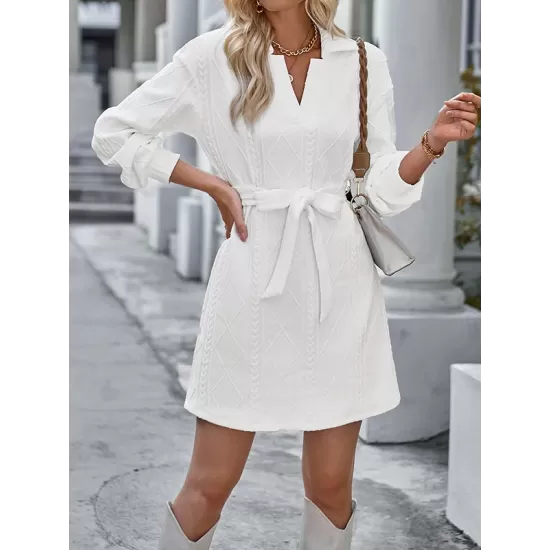 Jacquard Solid Color Tied Waist Long Sleeves V-neck Mini Dresses Jacquard Solid Color Tied Waist Long Sleeves V-neck Mini Dresses