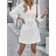 Jacquard Solid Color Tied Waist Long Sleeves V-neck Mini Dresses Jacquard Solid Color Tied Waist Long Sleeves V-neck Mini Dresses