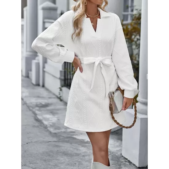 Jacquard Solid Color Tied Waist Long Sleeves V-neck Mini Dresses Jacquard Solid Color Tied Waist Long Sleeves V-neck Mini Dresses