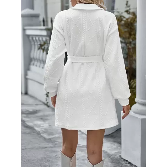 Jacquard Solid Color Tied Waist Long Sleeves V-neck Mini Dresses Jacquard Solid Color Tied Waist Long Sleeves V-neck Mini Dresses
