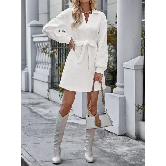 Jacquard Solid Color Tied Waist Long Sleeves V-neck Mini Dresses Jacquard Solid Color Tied Waist Long Sleeves V-neck Mini Dresses