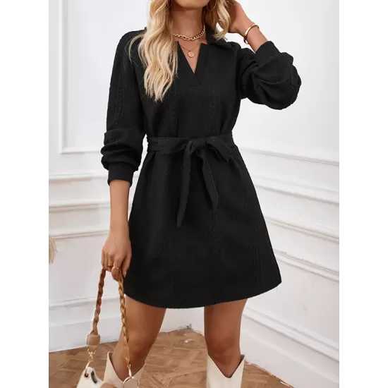 Jacquard Solid Color Tied Waist Long Sleeves V-neck Mini Dresses Jacquard Solid Color Tied Waist Long Sleeves V-neck Mini Dresses