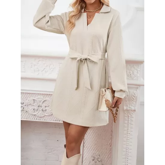 Jacquard Solid Color Tied Waist Long Sleeves V-neck Mini Dresses Jacquard Solid Color Tied Waist Long Sleeves V-neck Mini Dresses