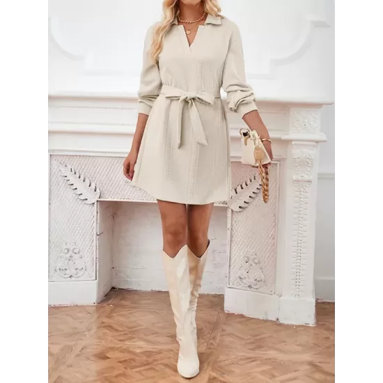 Jacquard Solid Color Tied Waist Long Sleeves V-neck Mini Dresses Jacquard Solid Color Tied Waist Long Sleeves V-neck Mini Dresses
