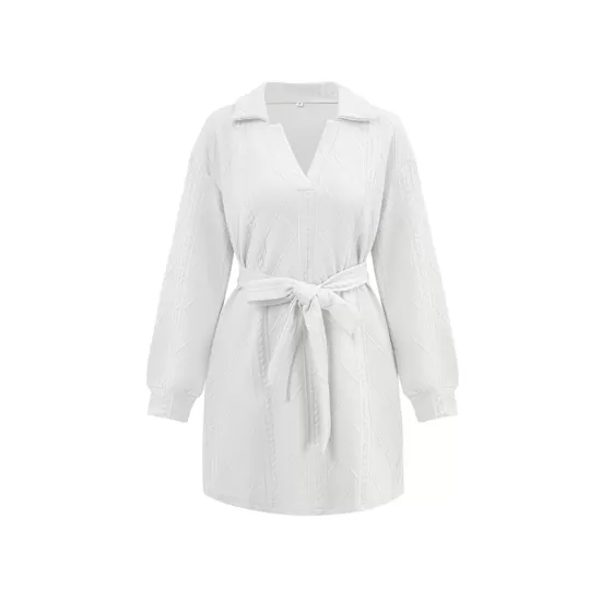 Jacquard Solid Color Tied Waist Long Sleeves V-neck Mini Dresses Jacquard Solid Color Tied Waist Long Sleeves V-neck Mini Dresses