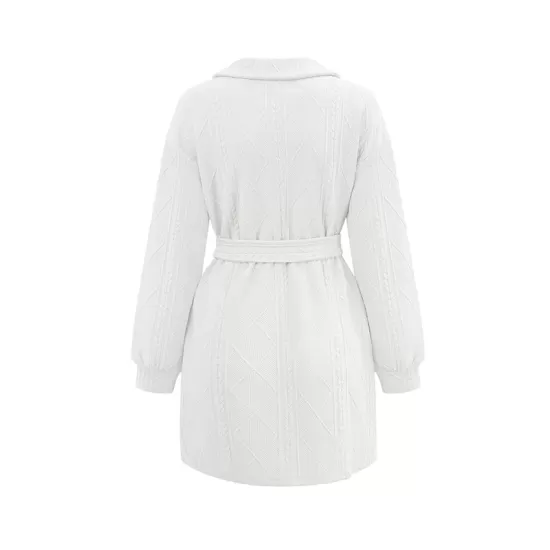 Jacquard Solid Color Tied Waist Long Sleeves V-neck Mini Dresses Jacquard Solid Color Tied Waist Long Sleeves V-neck Mini Dresses