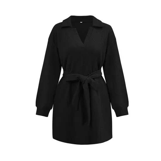 Jacquard Solid Color Tied Waist Long Sleeves V-neck Mini Dresses Jacquard Solid Color Tied Waist Long Sleeves V-neck Mini Dresses
