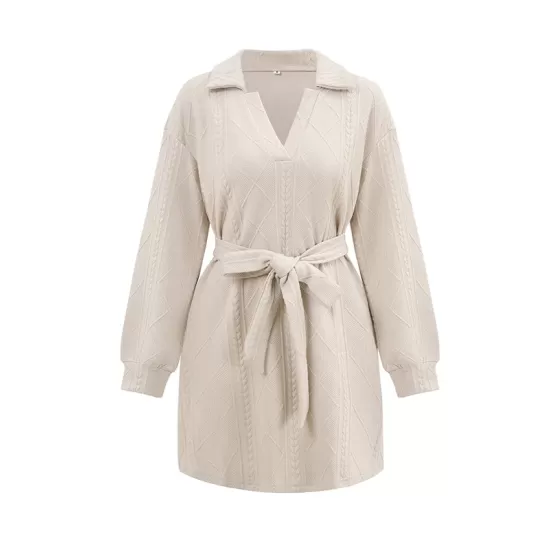 Jacquard Solid Color Tied Waist Long Sleeves V-neck Mini Dresses Jacquard Solid Color Tied Waist Long Sleeves V-neck Mini Dresses