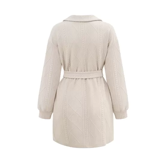 Jacquard Solid Color Tied Waist Long Sleeves V-neck Mini Dresses Jacquard Solid Color Tied Waist Long Sleeves V-neck Mini Dresses