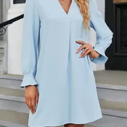 Ruffled Solid Color A-Line Long Sleeves V-Neck Mini Dresses