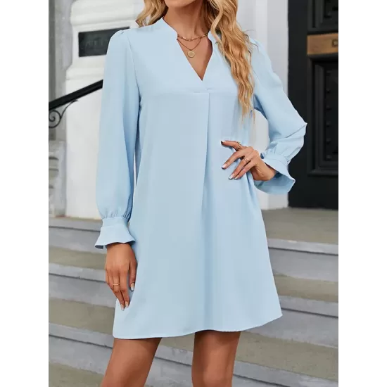 Ruffled Solid Color A-Line Long Sleeves V-Neck Mini Dresses Ruffled Solid Color A-Line Long Sleeves V-Neck Mini Dresses
