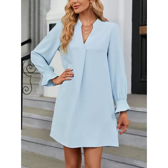 Ruffled Solid Color A-Line Long Sleeves V-Neck Mini Dresses Ruffled Solid Color A-Line Long Sleeves V-Neck Mini Dresses