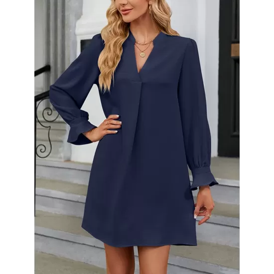 Ruffled Solid Color A-Line Long Sleeves V-Neck Mini Dresses Ruffled Solid Color A-Line Long Sleeves V-Neck Mini Dresses