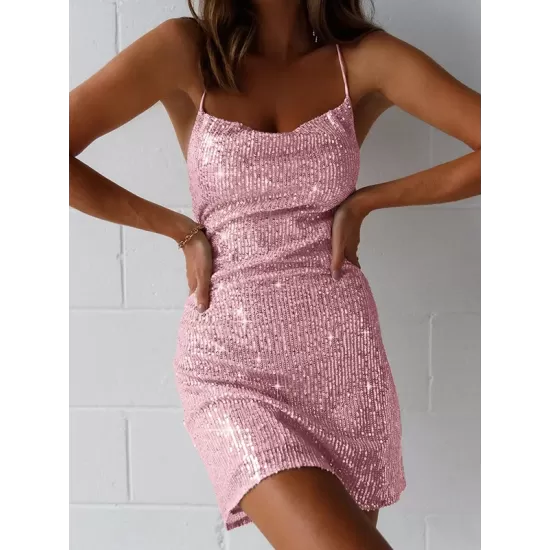 Back Cross Sequined Solid Color Skinny Sleeveless Spaghetti-Neck Mini Dresses Back Cross Sequined Solid Color Skinny Sleeveless Spaghetti-Neck Mini Dresses