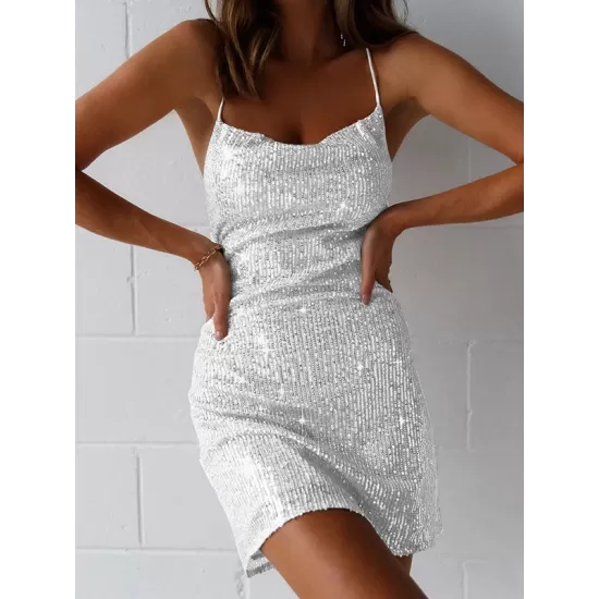 Back Cross Sequined Solid Color Skinny Sleeveless Spaghetti-Neck Mini Dresses Back Cross Sequined Solid Color Skinny Sleeveless Spaghetti-Neck Mini Dresses