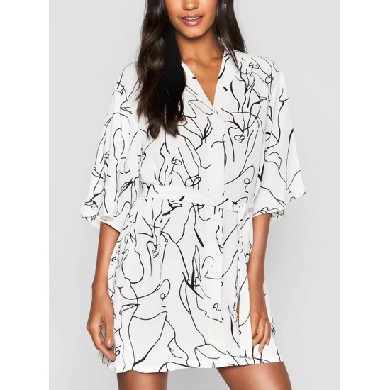 Buttoned Elasticity Pleated Printed Batwing Sleeves Half Sleeves V-Neck Mini Dresses Buttoned Elasticity Pleated Printed Batwing Sleeves Half Sleeves V-Neck Mini Dresses