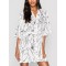 Buttoned Elasticity Pleated Printed Batwing Sleeves Half Sleeves V-Neck Mini Dresses