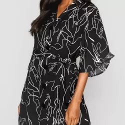 Buttoned Elasticity Pleated Printed Batwing Sleeves Half Sleeves V-Neck Mini Dresses
