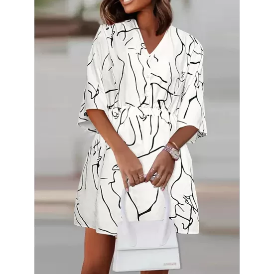 Buttoned Elasticity Pleated Printed Batwing Sleeves Half Sleeves V-Neck Mini Dresses Buttoned Elasticity Pleated Printed Batwing Sleeves Half Sleeves V-Neck Mini Dresses