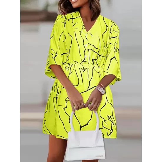 Buttoned Elasticity Pleated Printed Batwing Sleeves Half Sleeves V-Neck Mini Dresses Buttoned Elasticity Pleated Printed Batwing Sleeves Half Sleeves V-Neck Mini Dresses