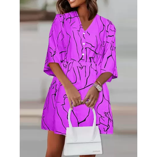 Buttoned Elasticity Pleated Printed Batwing Sleeves Half Sleeves V-Neck Mini Dresses Buttoned Elasticity Pleated Printed Batwing Sleeves Half Sleeves V-Neck Mini Dresses