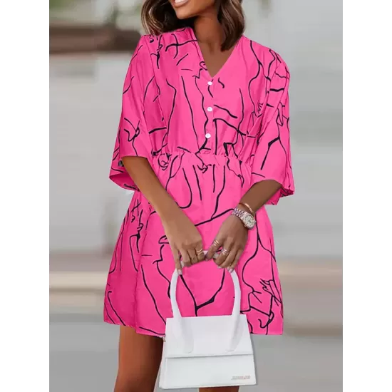Buttoned Elasticity Pleated Printed Batwing Sleeves Half Sleeves V-Neck Mini Dresses Buttoned Elasticity Pleated Printed Batwing Sleeves Half Sleeves V-Neck Mini Dresses