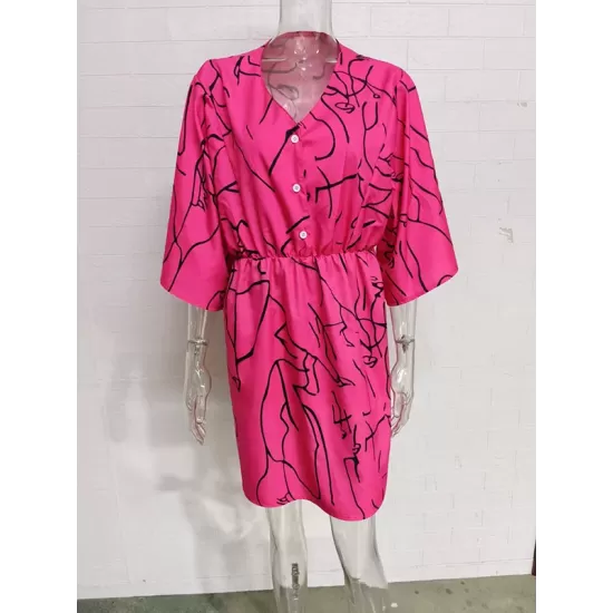 Buttoned Elasticity Pleated Printed Batwing Sleeves Half Sleeves V-Neck Mini Dresses Buttoned Elasticity Pleated Printed Batwing Sleeves Half Sleeves V-Neck Mini Dresses
