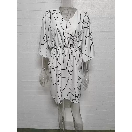 Buttoned Elasticity Pleated Printed Batwing Sleeves Half Sleeves V-Neck Mini Dresses Buttoned Elasticity Pleated Printed Batwing Sleeves Half Sleeves V-Neck Mini Dresses