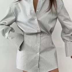 Buttoned Striped Flared Sleeves Long Sleeves Lapel Shirt Dress Mini Dresses
