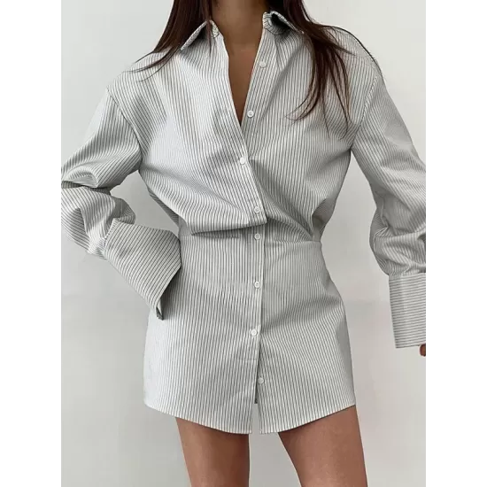 Buttoned Striped Flared Sleeves Long Sleeves Lapel Shirt Dress Mini Dresses Buttoned Striped Flared Sleeves Long Sleeves Lapel Shirt Dress Mini Dresses