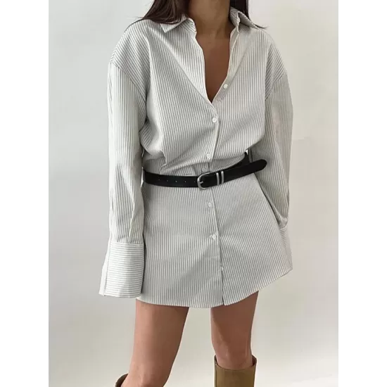 Buttoned Striped Flared Sleeves Long Sleeves Lapel Shirt Dress Mini Dresses Buttoned Striped Flared Sleeves Long Sleeves Lapel Shirt Dress Mini Dresses