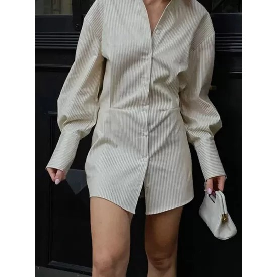 Buttoned Striped Flared Sleeves Long Sleeves Lapel Shirt Dress Mini Dresses Buttoned Striped Flared Sleeves Long Sleeves Lapel Shirt Dress Mini Dresses