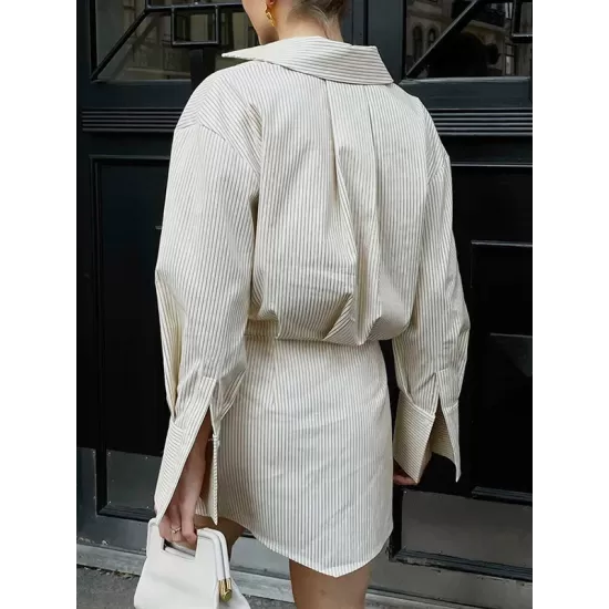 Buttoned Striped Flared Sleeves Long Sleeves Lapel Shirt Dress Mini Dresses Buttoned Striped Flared Sleeves Long Sleeves Lapel Shirt Dress Mini Dresses