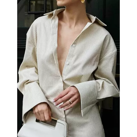 Buttoned Striped Flared Sleeves Long Sleeves Lapel Shirt Dress Mini Dresses Buttoned Striped Flared Sleeves Long Sleeves Lapel Shirt Dress Mini Dresses